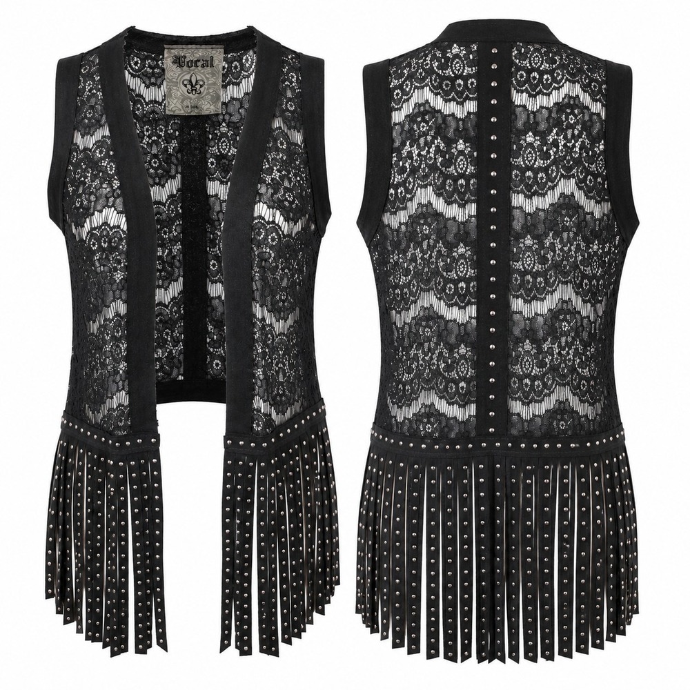 Vocal USA Lace Fringe Studded Vest Women's S Black Western Festival Boho Moto